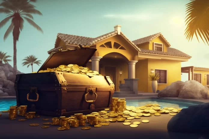 Chest_Of_Gold_Coins_In_Front_Of_A_Vacation_Rental